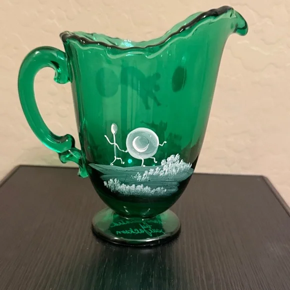 Fenton Green Glass Pitcher with Whimsical White Design - Picture 4 of 10